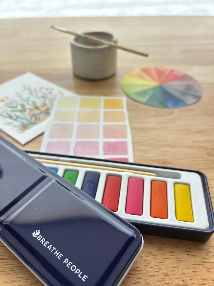 Watercolor Set- 12 Artist Grade Color Tin + Wood Paintbrush