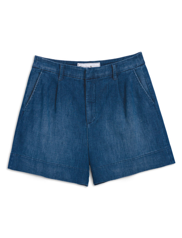 Blue denim shorts on a white background