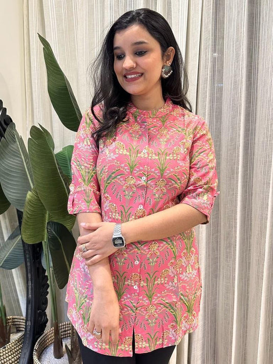Weekend Rayon Short Kurta- Pink Green Floral