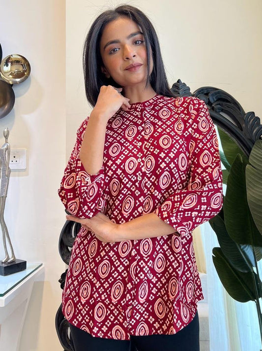 Weekend Rayon Short Kurta- Red Ovals
