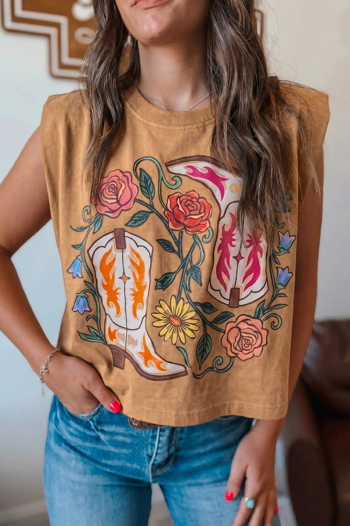 Western Boots Flower Printed Sleeveless Loose Tank Top – Camel