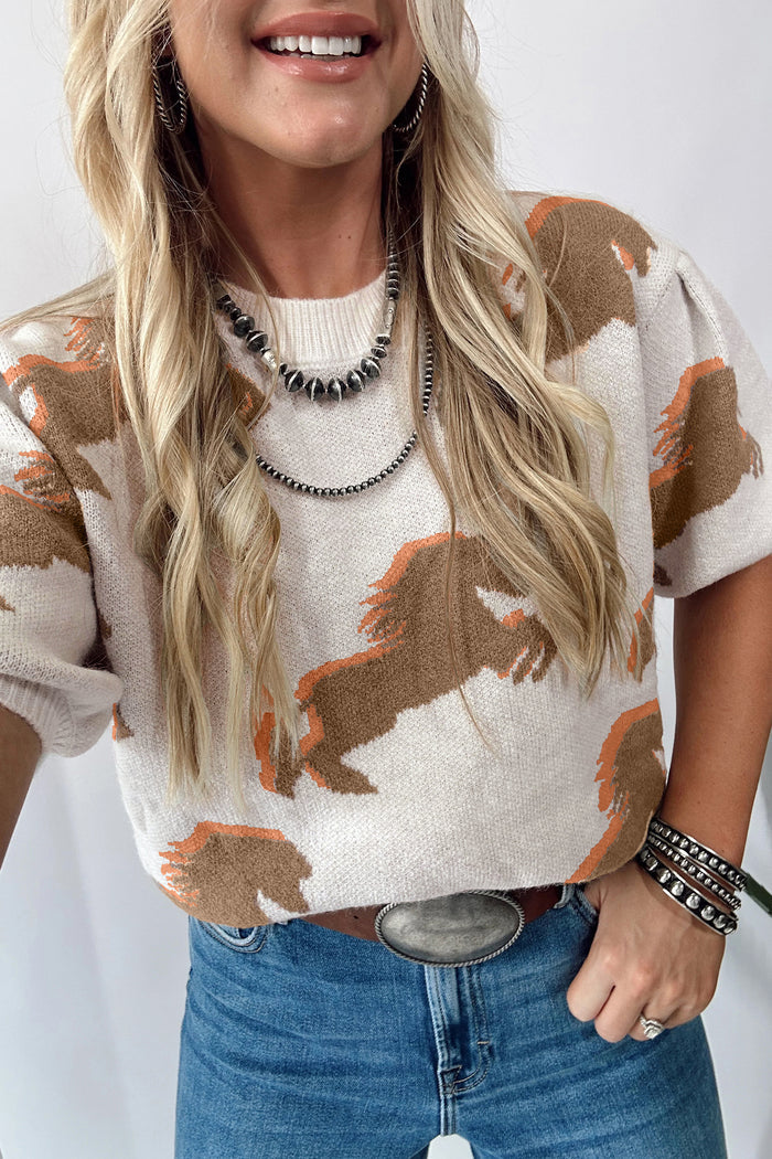 Western Horse Printed Short Puff Sleeve Sweater – White