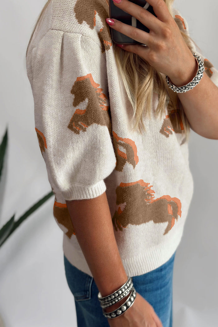 Western Horse Printed Short Puff Sleeve Sweater – White