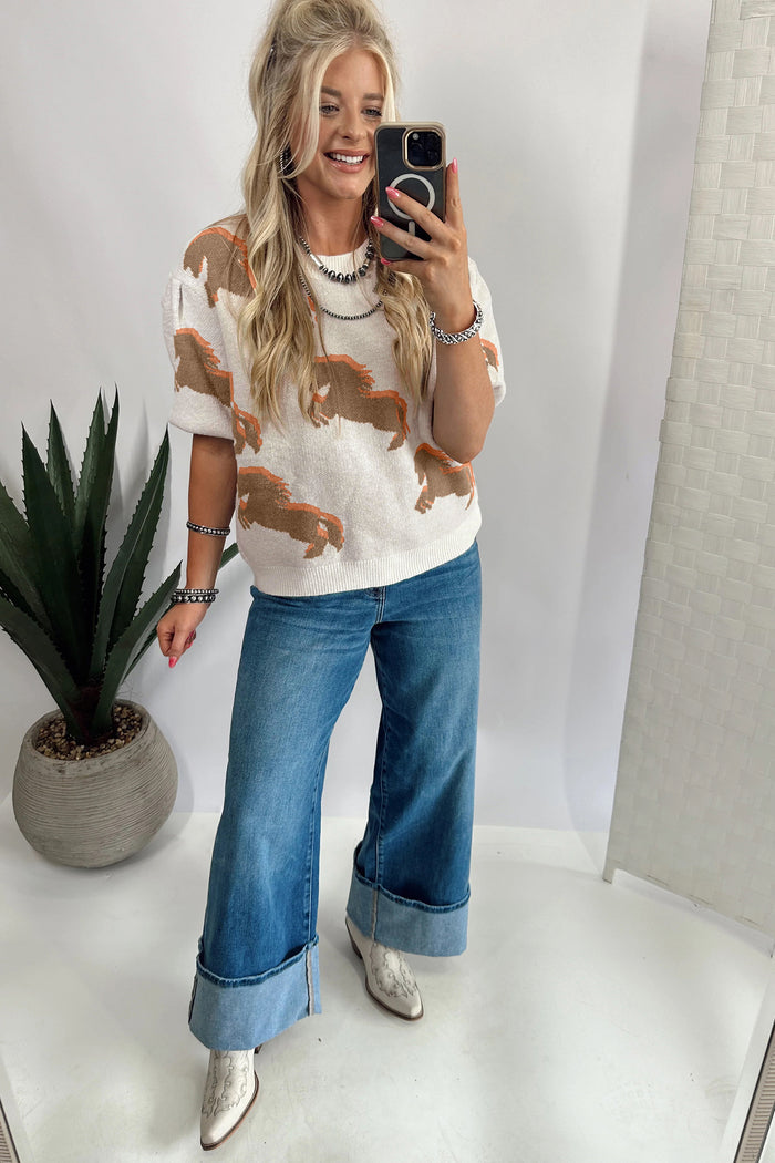 Western Horse Printed Short Puff Sleeve Sweater – White