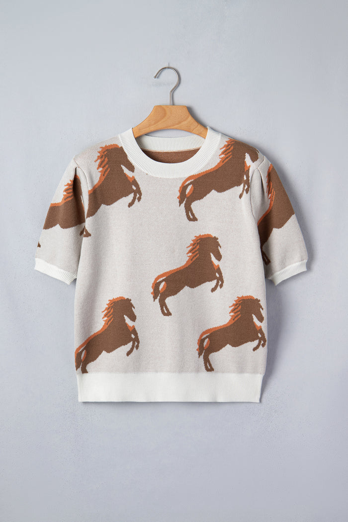Western Horse Printed Short Puff Sleeve Sweater – White