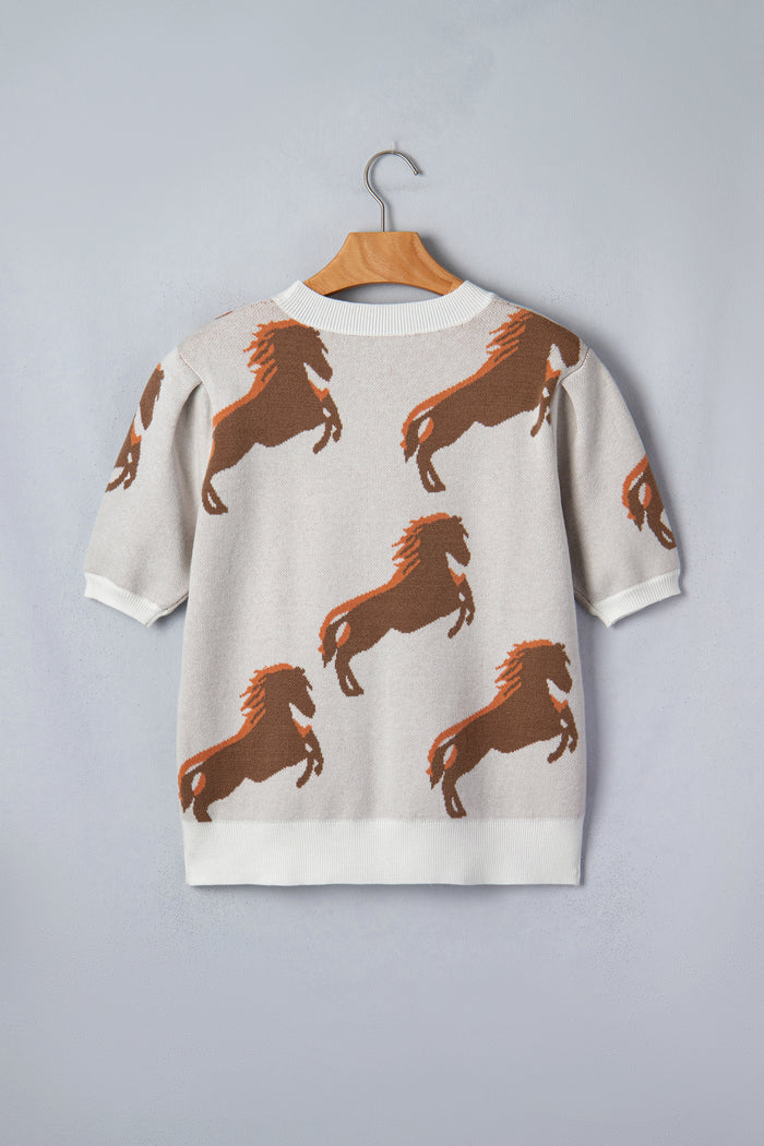 Western Horse Printed Short Puff Sleeve Sweater – White