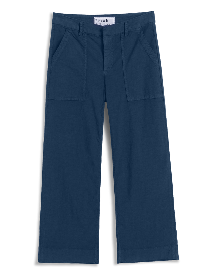 Navy blue pants on a white background with 'Frank & Eileen' label.