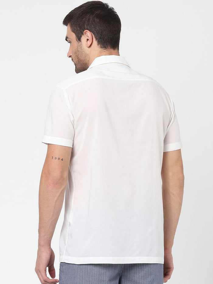 White Striped Cuban Collar Short Sleeves Shirt