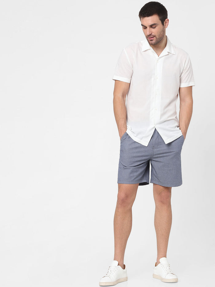 White Striped Cuban Collar Short Sleeves Shirt