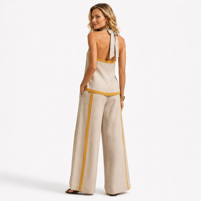 Warm khaki wide leg pants and vest set styled for summer errands, relaxed weekends, and effortless day-to-evening wear daily.