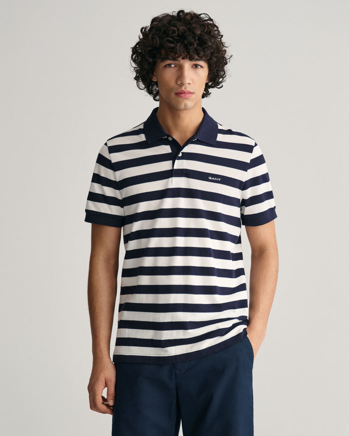 Wide Striped Piqué Polo Shirt in Navy