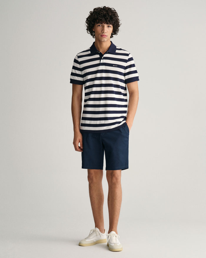 Wide Striped Piqué Polo Shirt in Navy