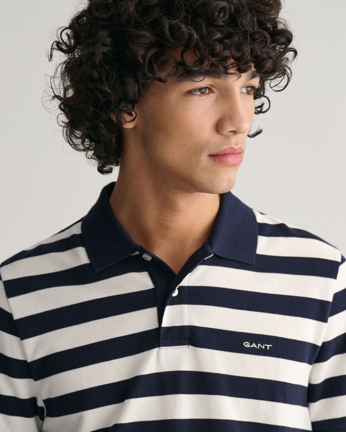 Wide Striped Piqué Polo Shirt in Navy
