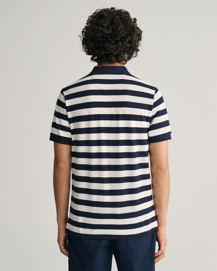 Wide Striped Piqué Polo Shirt in Navy