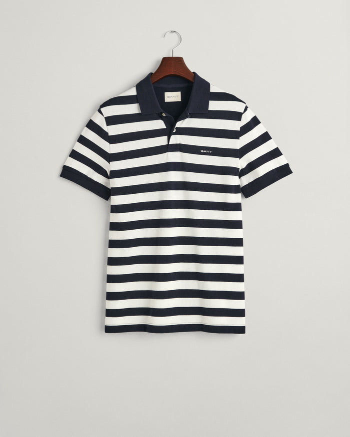 Wide Striped Piqué Polo Shirt in Navy