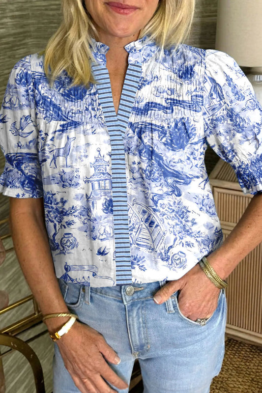 Wild Animal Paradise Striped Detail V Neck Blouse – Blue