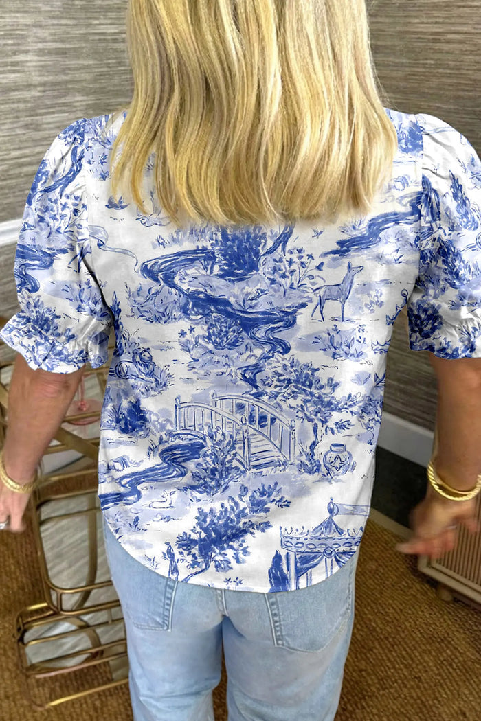 Wild Animal Paradise Striped Detail V Neck Blouse – Blue