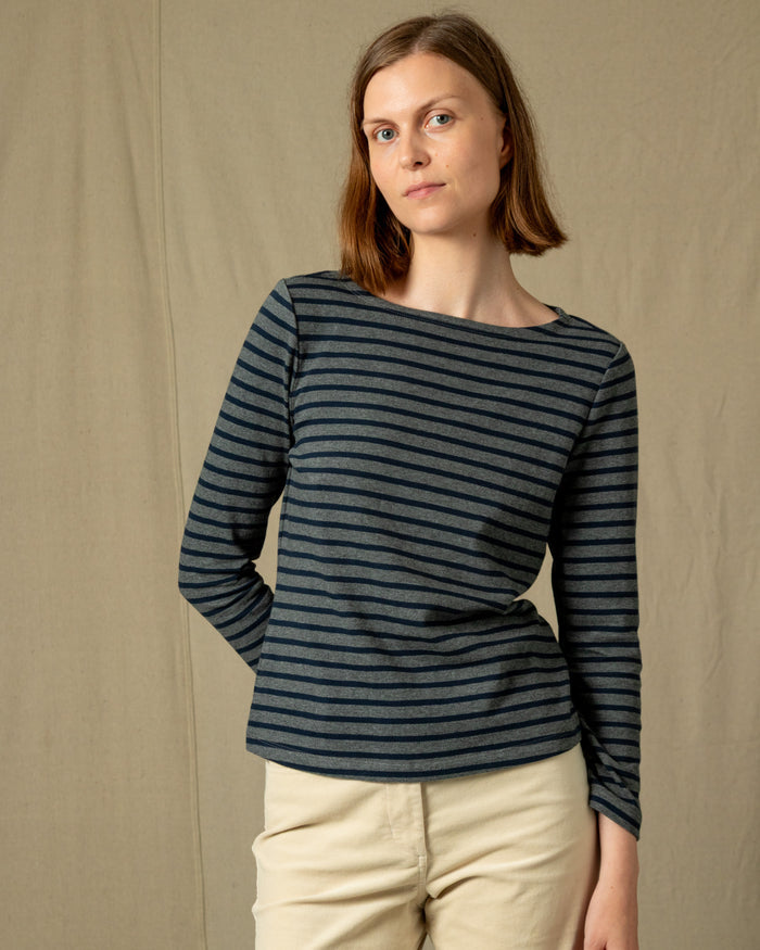 Women’s Breton Stripe Boatneck Tee in Heather Grey/Navy
