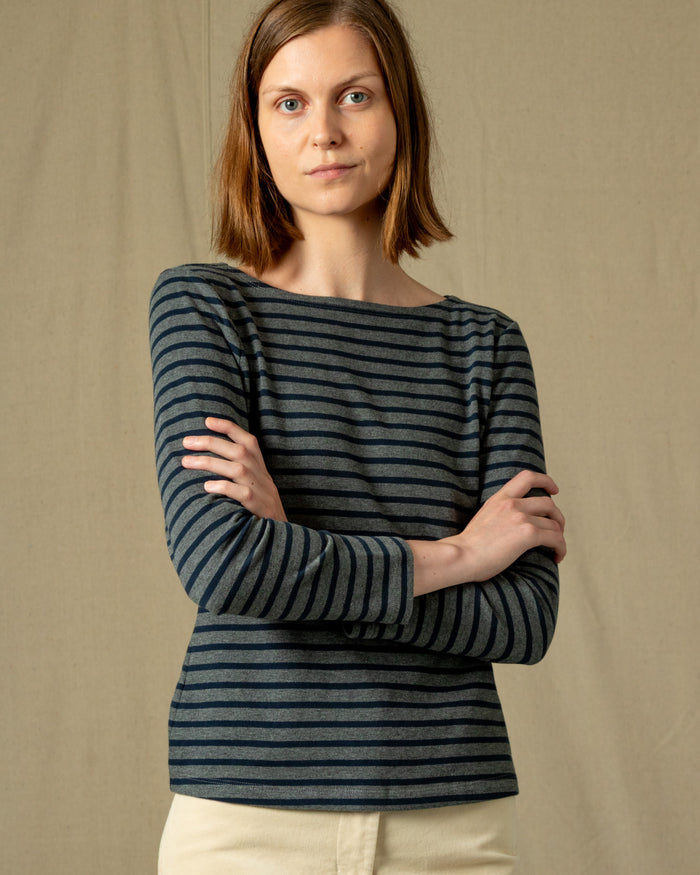 Women’s Breton Stripe Boatneck Tee in Heather Grey/Navy