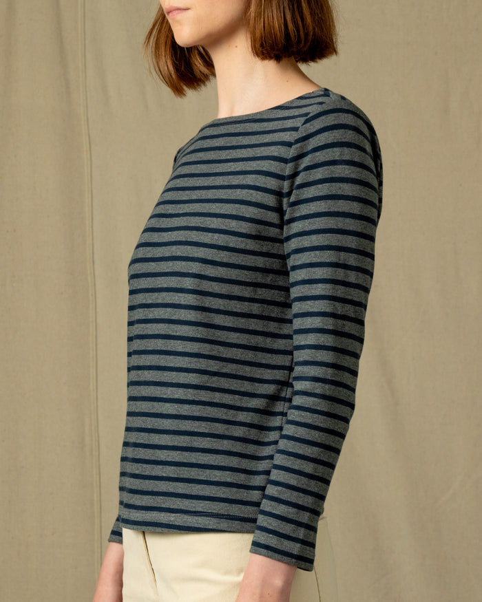 Women’s Breton Stripe Boatneck Tee in Heather Grey/Navy