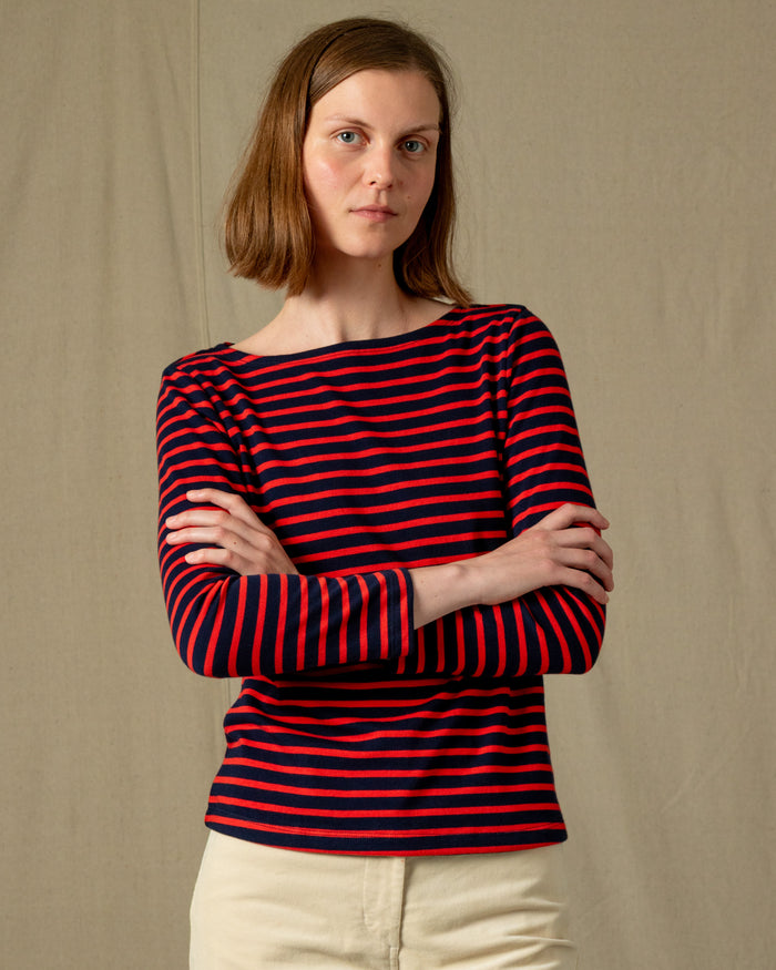 Women’s Breton Stripe Boatneck Tee in Navy/Red