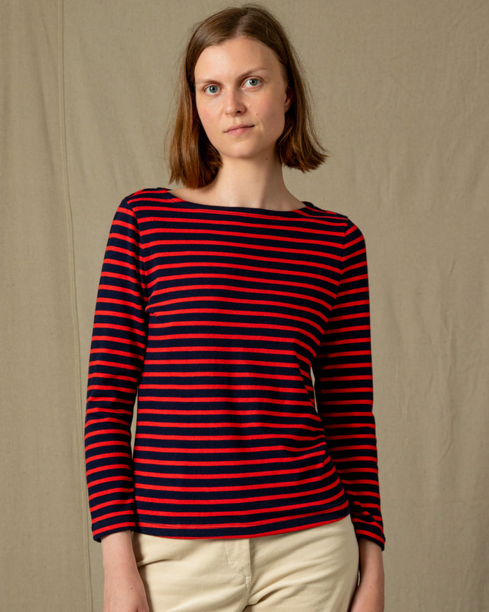 Women’s Breton Stripe Boatneck Tee in Navy/Red