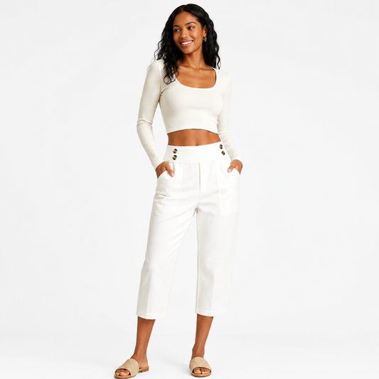 Women's white button-waist cotton linen capri pants lifestyle studio view