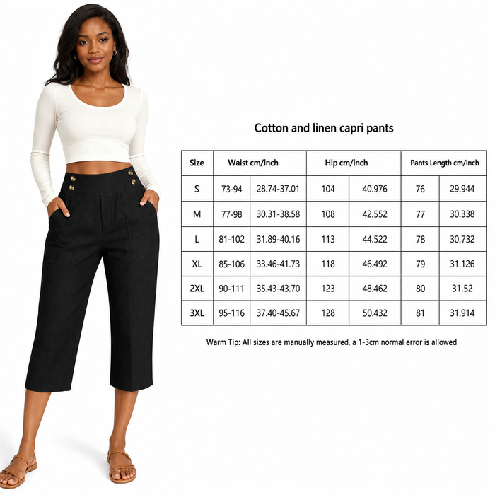 Women's cotton linen button-waist capri pants size chart S to 3XL