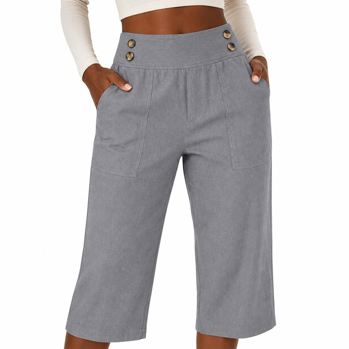 Women's light gray button-waist cotton linen capri pants fabric and seam close-up