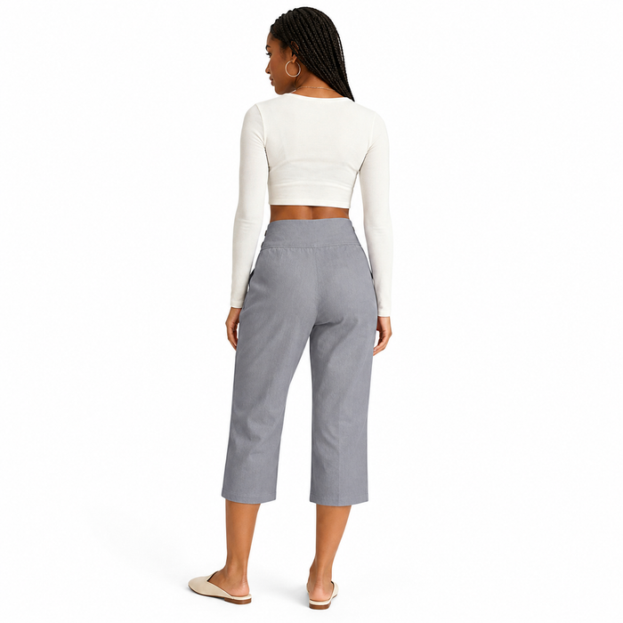 Women's light gray button-waist cotton linen capri pants back view