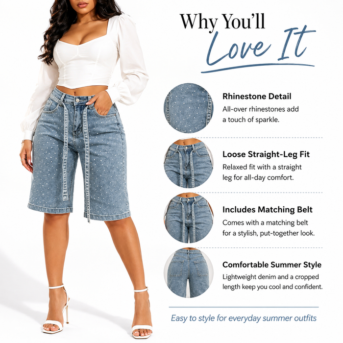 Rhinestone-embellished women's cropped jeans with a loose straight-leg shape, comfortable fit and coordinating belt included.
