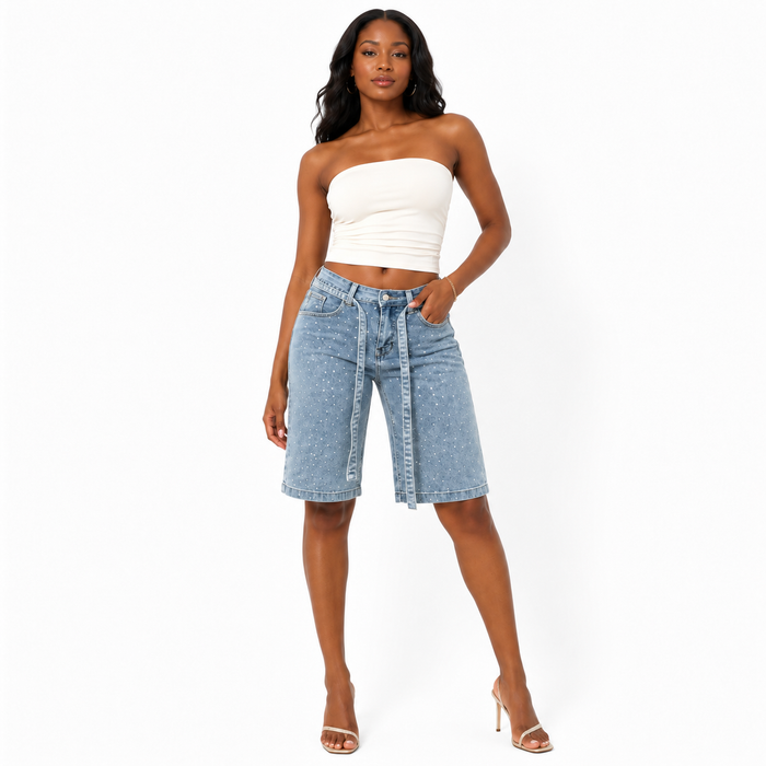 Women's summer cropped jeans with rhinestone embellishments, relaxed straight legs and included belt for easy outfit styling.