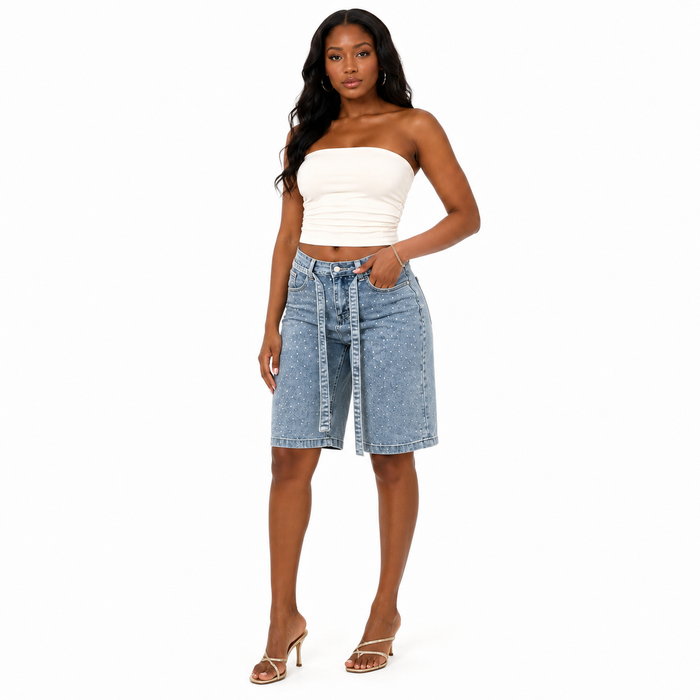 Straight-leg women's cropped jeans with rhinestone embellishment, comfortable loose fit and styled belt included for styling.