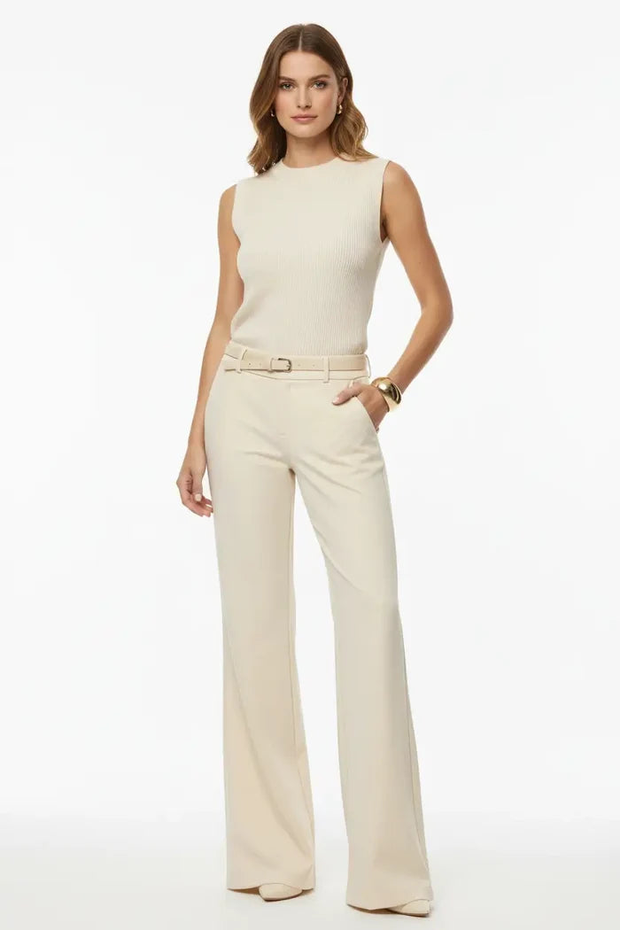women's draping slimming pants in white full length view highlighting slight stretch spandex fabric and versatile styling with blouse for elegant professional commute look that feels three times more expensive