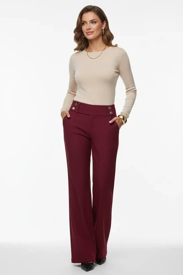 women's draping slimming pants in coffee color side angle displaying high waist cut and loose fit comfort on career woman walking city street for versatile work pants that offer slimming effect