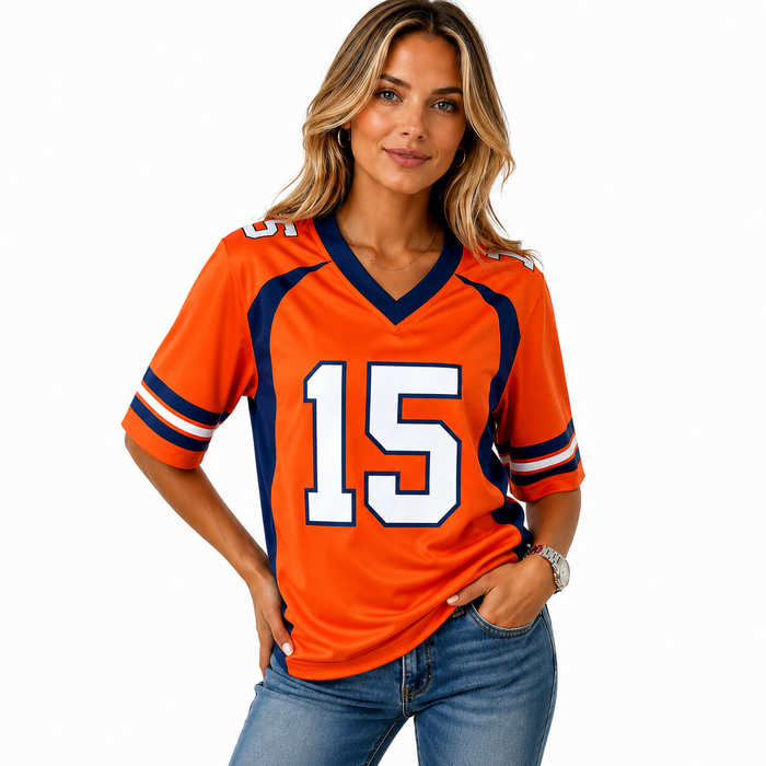 Sporty orange jersey tee for women with V-neck, raglan sleeves, and striped navy cuffs