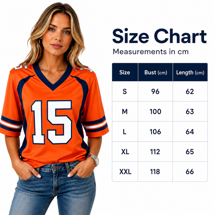 Woman wearing an orange sports jersey with a size chart on a white background