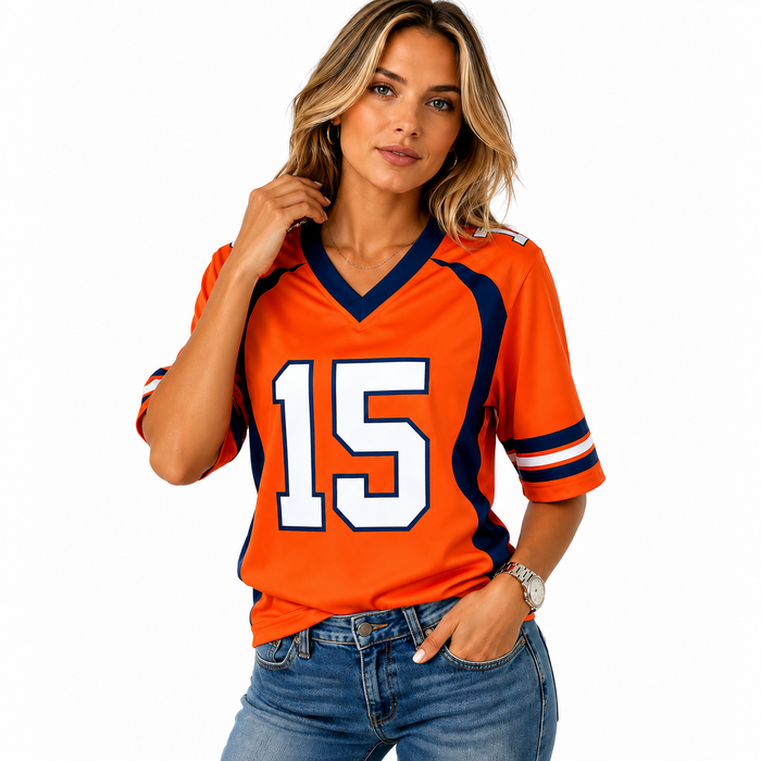 Close-up of number 15 print on orange football jersey style t-shirt for women