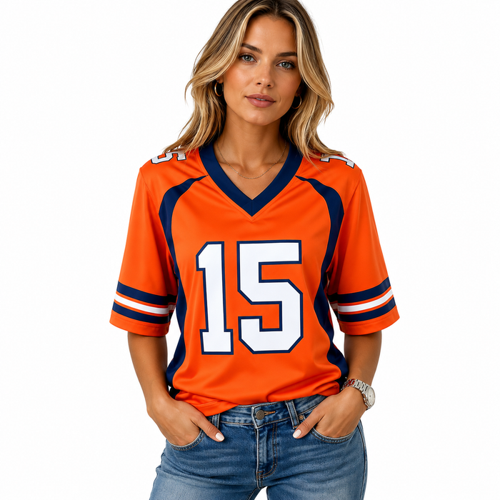 Women's orange game day shirt styled with denim for a casual sporty outfit