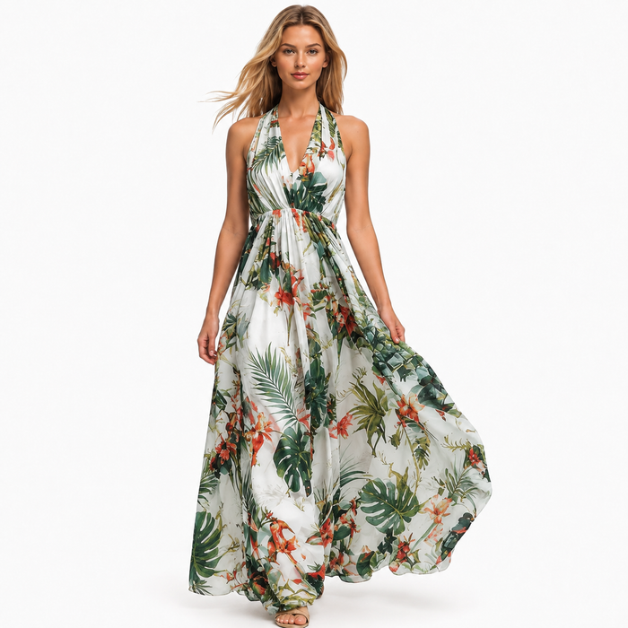 Women's halter maxi dress in tropical rainforest print - front view