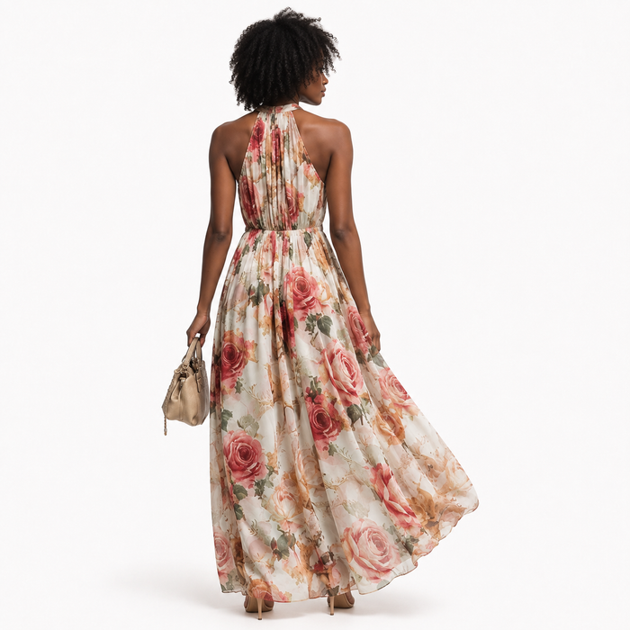 Women's halter maxi dress in flower print - back view