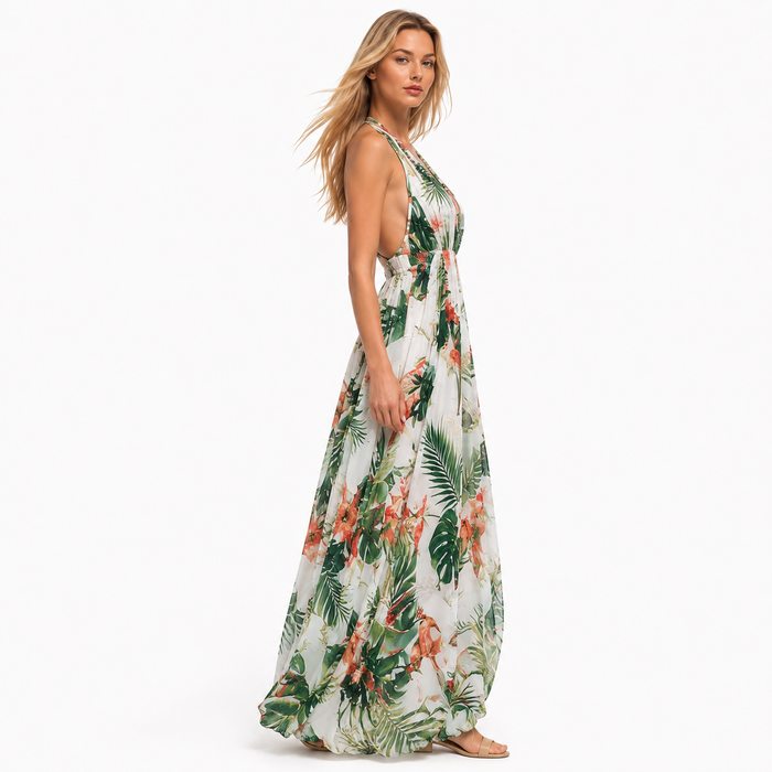 Women's halter maxi dress in tropical rainforest print - side view
