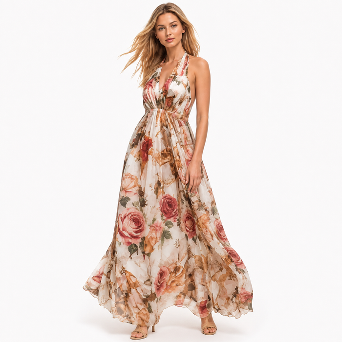 Women's halter maxi dress in flower print - three-quarter view