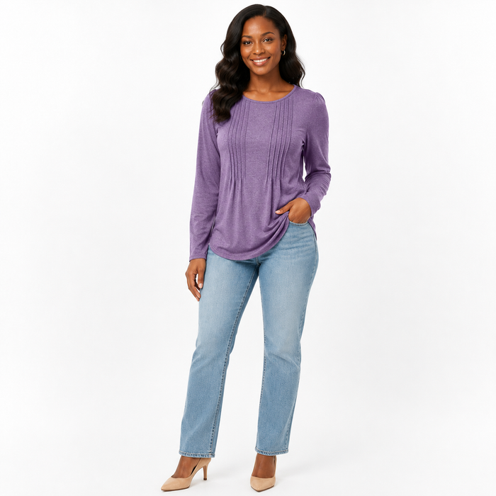 Women's purple long sleeve crew neck top in polyester with regular sleeves, regular fit and simple styling in sizes S to XXL.