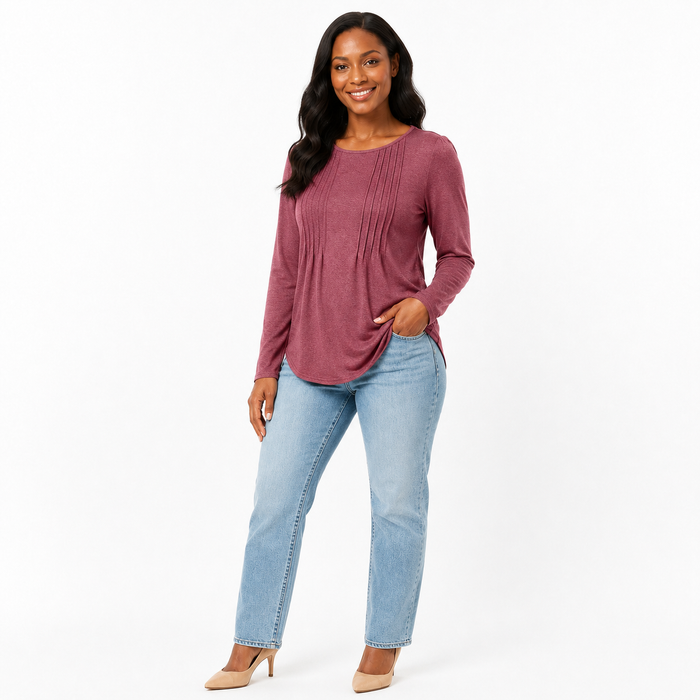 Women's brick red long sleeve crew neck top in polyester with regular sleeves, regular fit, and plain styling in sizes S-XXL.