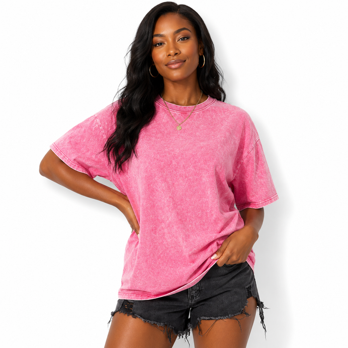 Women's oversized cotton t shirt with a mineral washed appearance, solid color styling with slight stretch for daily outfits.