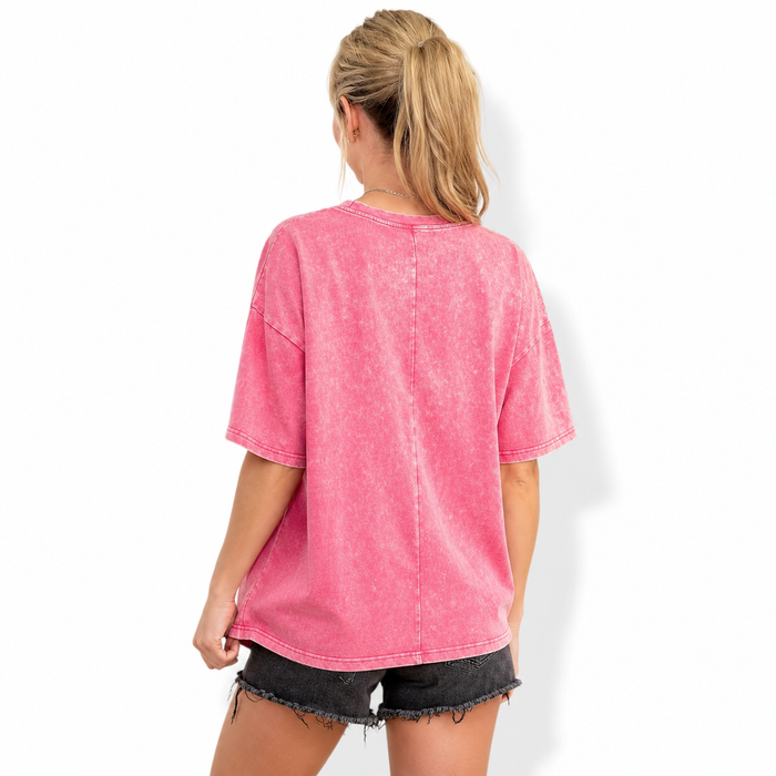Women's solid color oversized tee with mineral washed detail, 100% cotton composition with slight stretch for casual outfits.