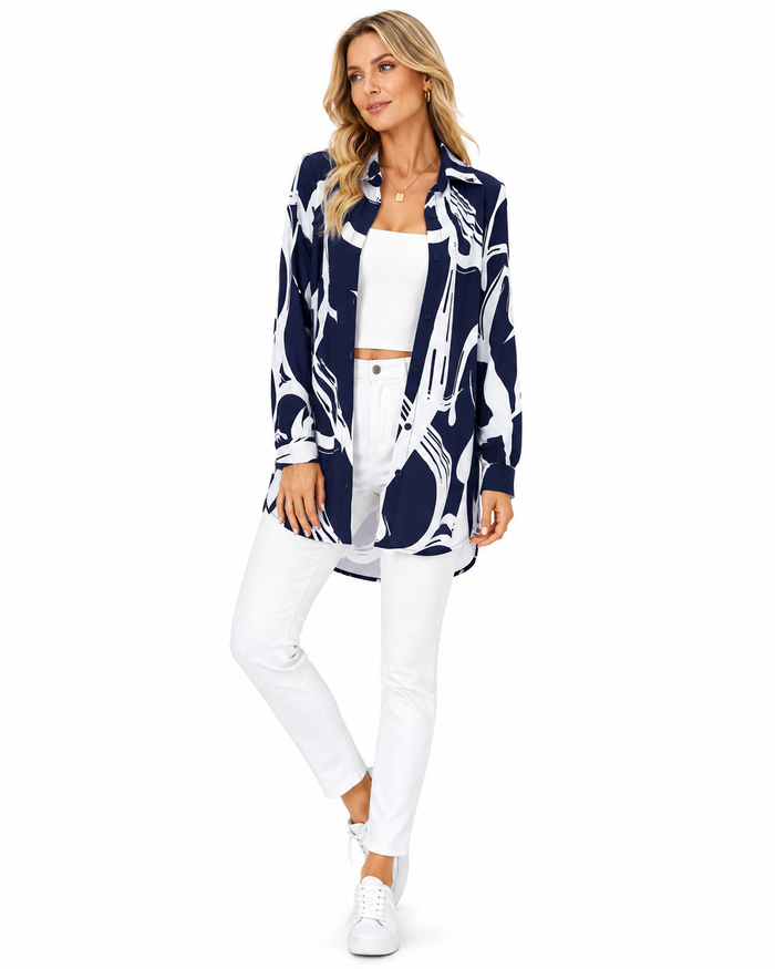 Women's printed blouse in black color with long sleeves, regular fit and polyester fabric for daily work and weekend styling.