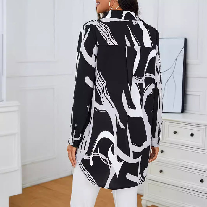 Women's black printed long-sleeve blouse, with regular fit, polyester fabric and easy pairing for trousers, skirts and denim.