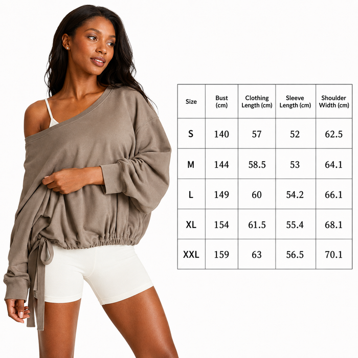 Women's loose fit pullover hoodie size chart S to XXL in centimeters